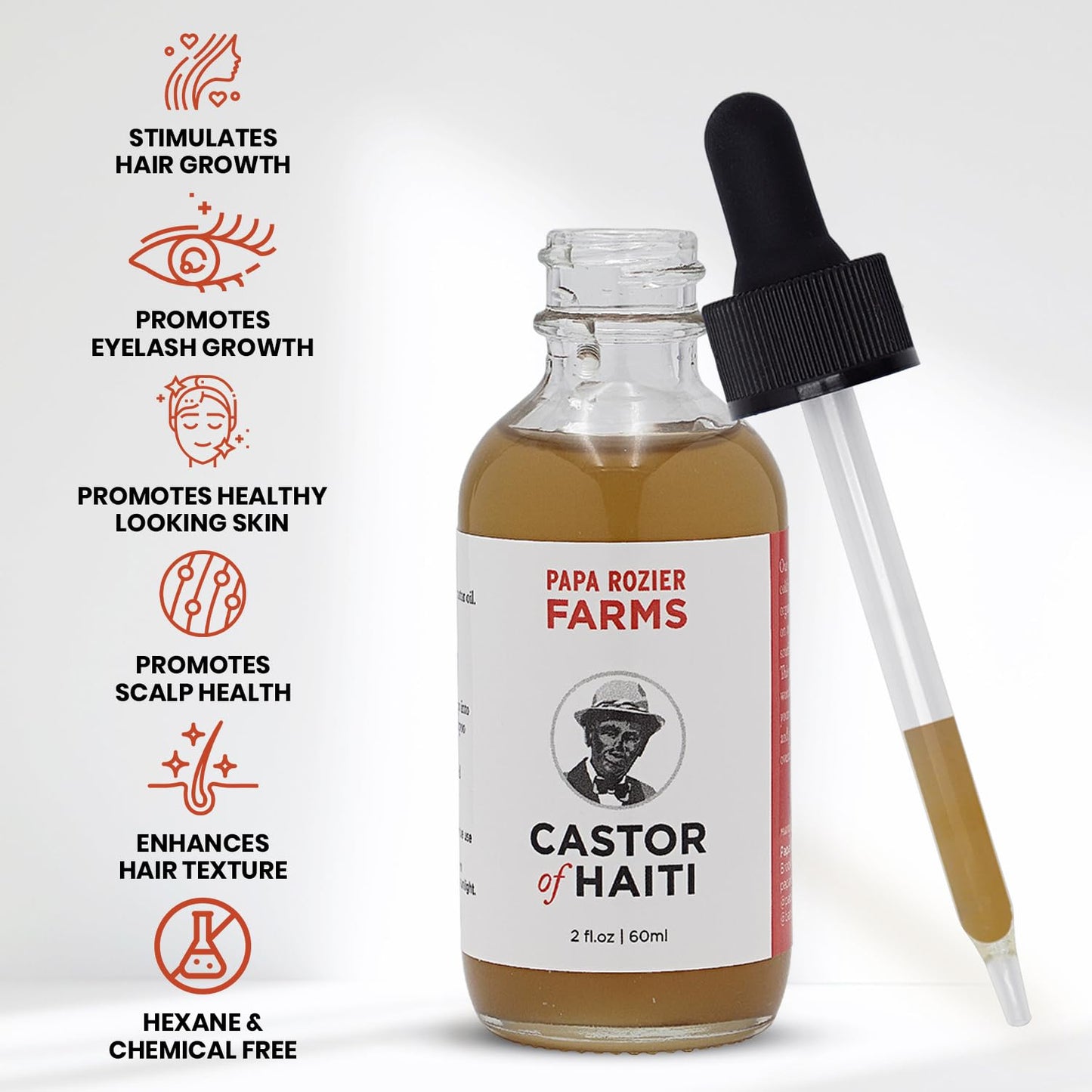 Papa Rozier Farms Pure Organic Castor Oil for Hair Growth, Skin Moisturizer, Grow Eyelashes, Eyebrows and Nails Treatment, 2 Fluid Ounces, Pack of 1