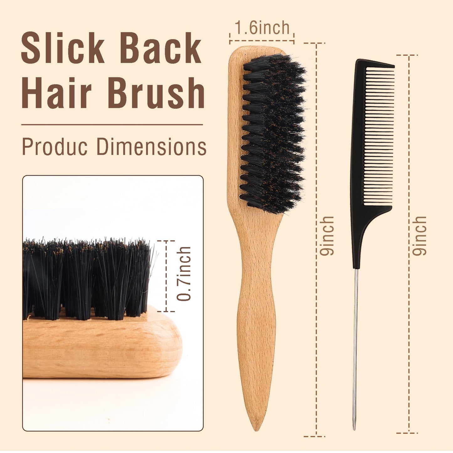 BlueForest Era Slick Back Hair Brush, Boar Bristles Smoothing Hair Brushes & Black Rat Tail Comb, Natural Wooden Hair Brush for Men Women, Soft & Hard Bristles Brush for Hair Smooth Flyaways