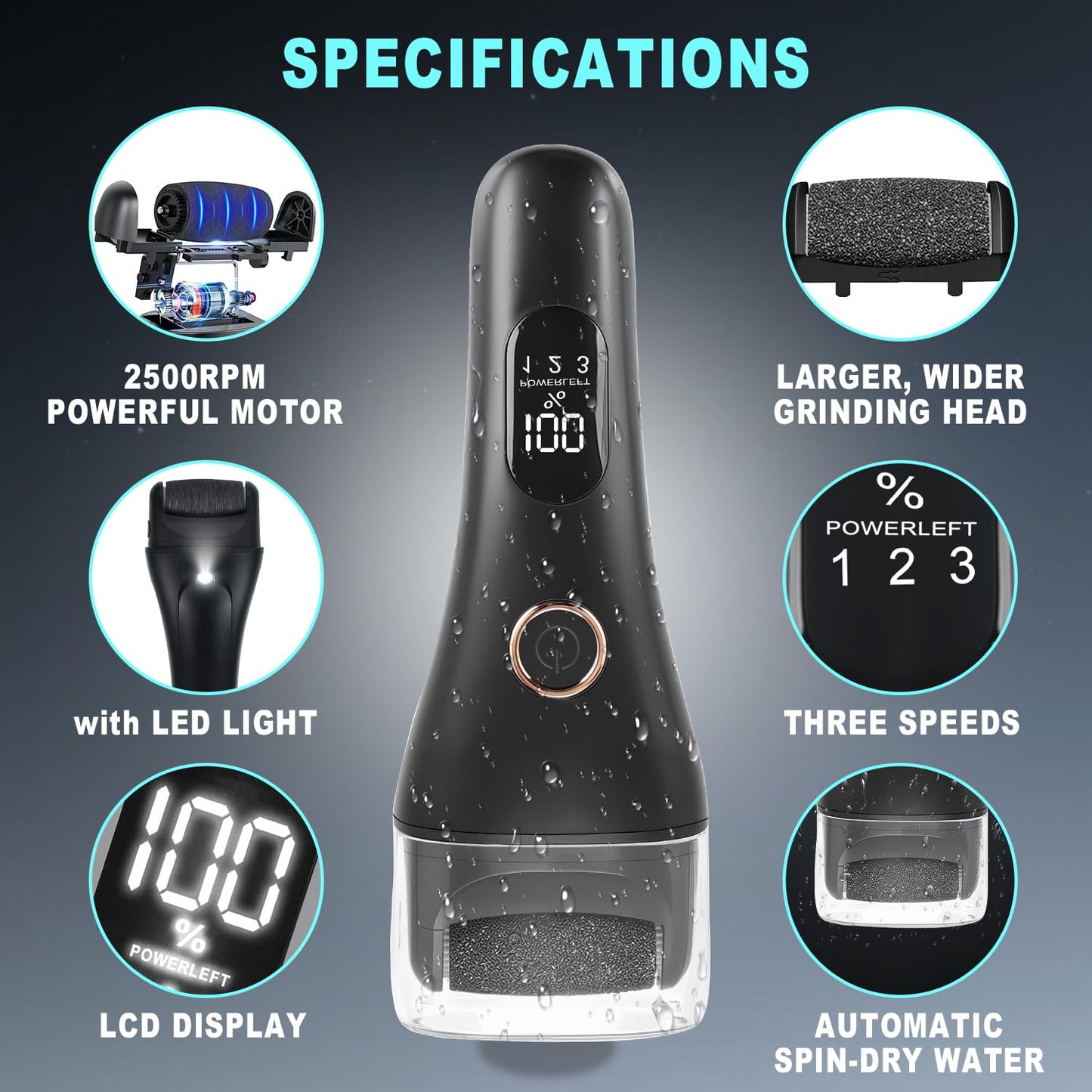 Callus Remover for Feet, 3 Speed Electric Foot Scrubber with Larger Grinder&LCD Display, Wet&Dry Using Foot File Professional Pedicure Tools, Foot SPA to Remove Callus Cracked&Hard Dead Skin (Black)