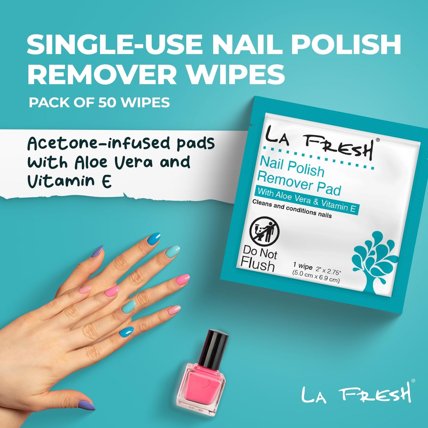La Fresh Nail Polish Remover Wet Wipes with Lavender, Aloe Vera, and Vitamin E Pack of 50ct Acetone-Infused Pads - Nail Care Travel Essentials