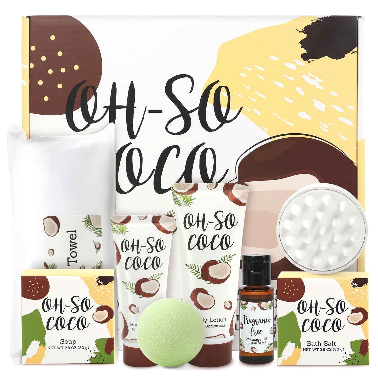 #BFFLOVE Coconut Spa Gift Set for Women: 8pc Bath Set with Bath Bomb, Massage Oil, Towel & More