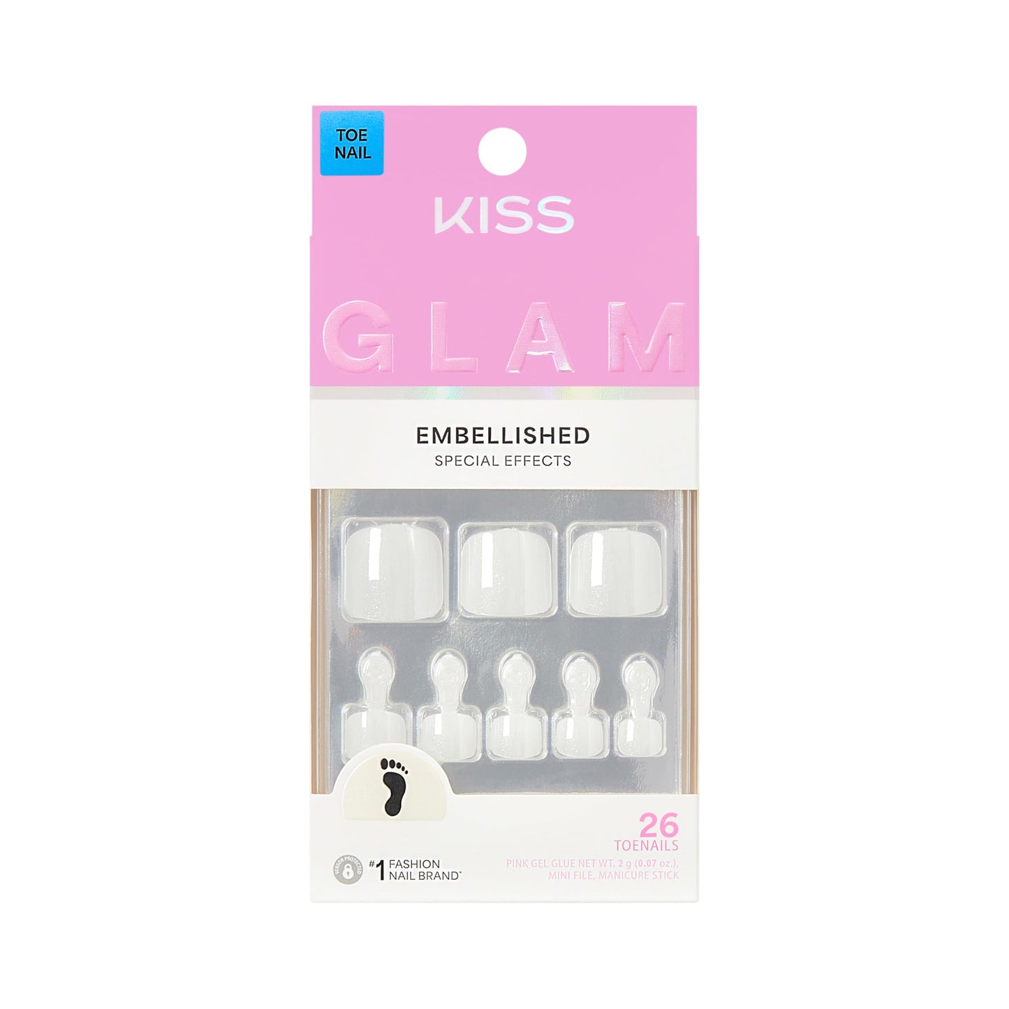 Kiss Glam, Press On Nails, Nail glue included, 'Twinkle Toes', White, Short Size, Squoval Shape, Includes 26 Toenails, 2g Glue, 1 Manicure Stick, 1 Mini File