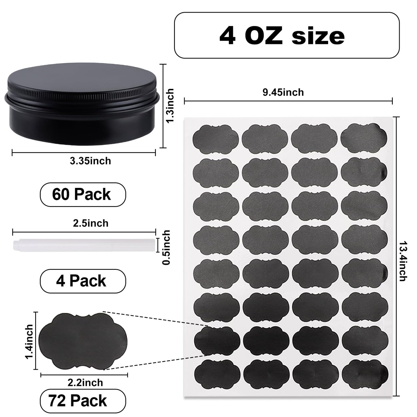 OBKJJ 60 Pack Round Cans with Screw Lid 4 Oz Aluminum Metal Tins DIY Food Candle Containers for Lotion Bars, Balms, Salve, Spices, Beard Balm, Crafts with 4 Markers 2 Sheets Label Stickers