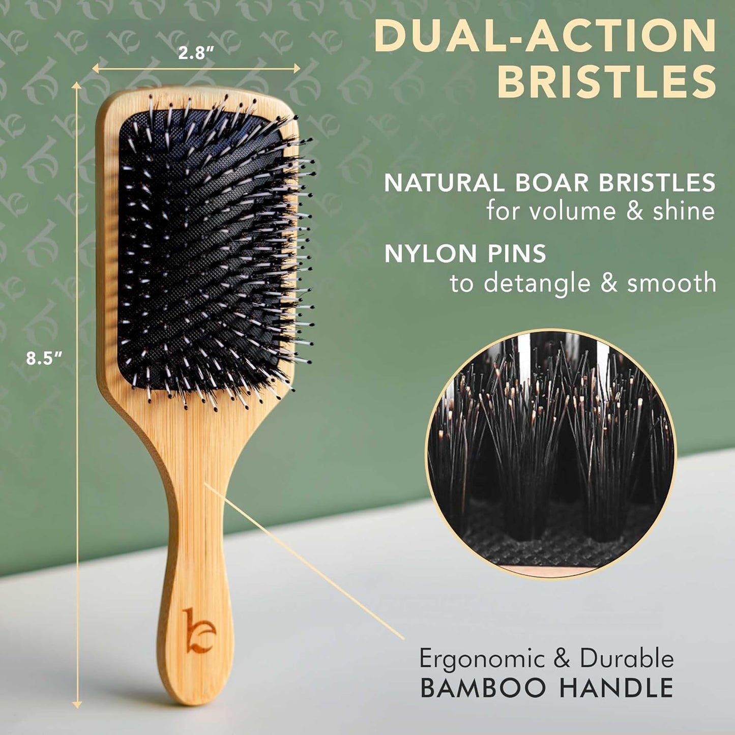 Boar Bristle Paddle Hair Brush - Detangling Wood Brush for Thick, Curly & Wavy Hair | Stimulates Scalp