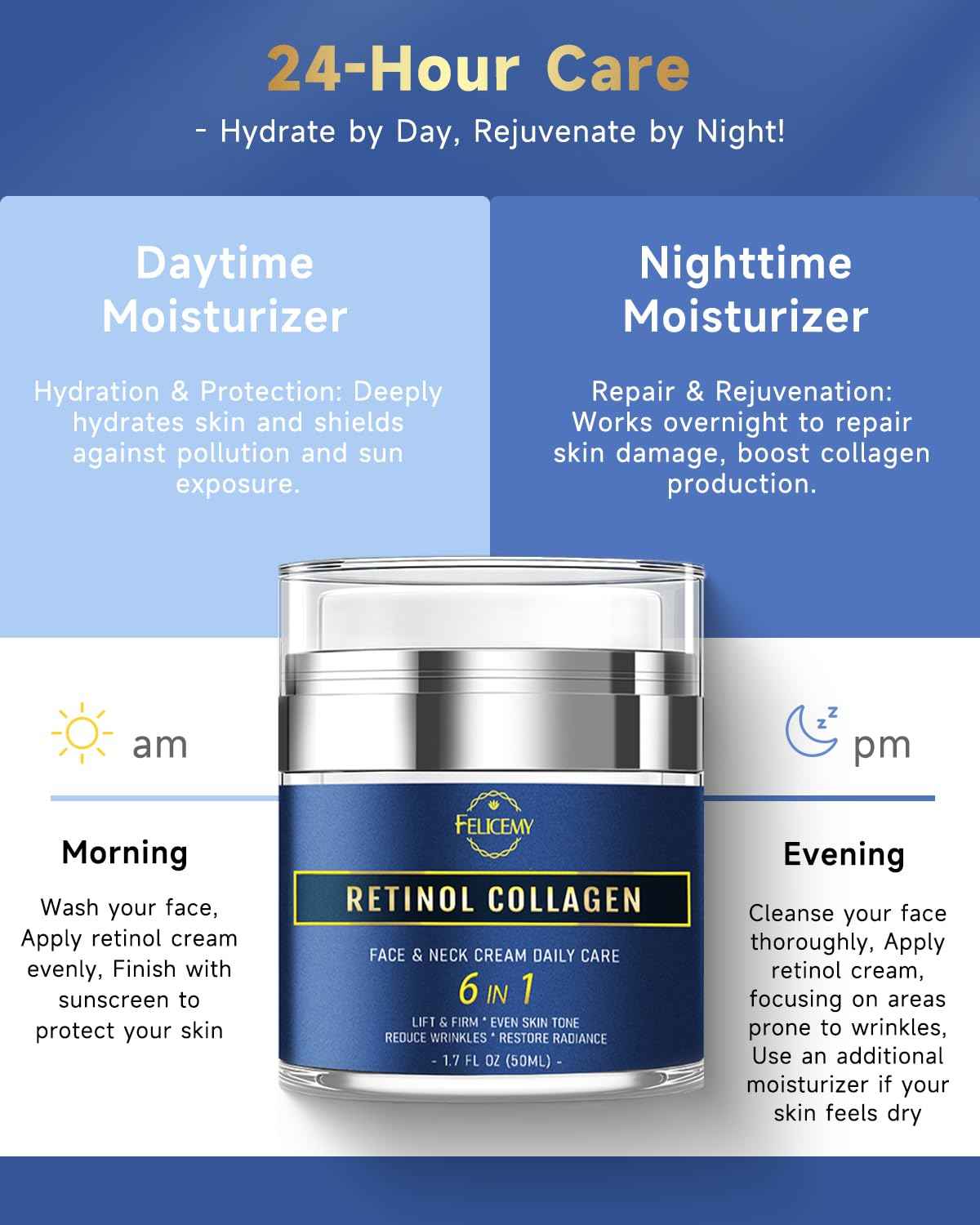 Felicemy 6-in-1 Face Cream for Men, Mens Face Moisturizer, Anti-Aging Face Cream for Men with Retinol Collagen & Hyaluronic Acid, Eye Bags & Dark Spot Remover, After Shave Lotion 1.7 Fl Oz