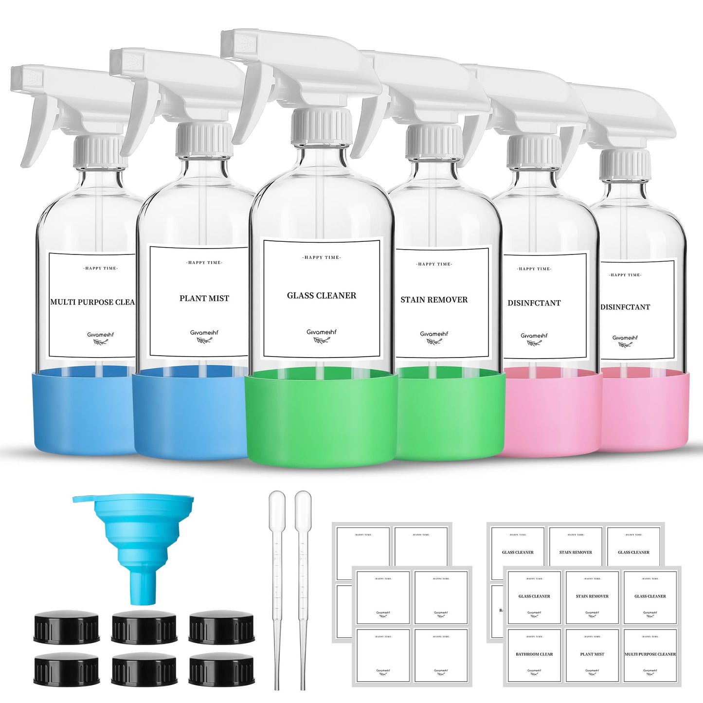 GIVAMEIHF 16oz Clear Glass Spray Bottles,6 Pack Glass Spray Bottles Refillable Empty Bottle with Adjustable Nozzle,Spray Bottle for Essential Oils,Cleaning,Pets,Hair Mister