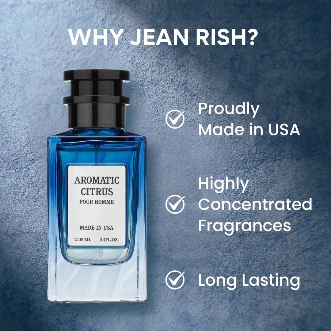 Jean Rish Aromatic Citrus Perfume for Men Eau De Parfum, Long-Lasting Luxury Fragrance, Made In USA - Lemon, Lavender, Vanilla, Amber Scent - 100ml / 3.4 oz