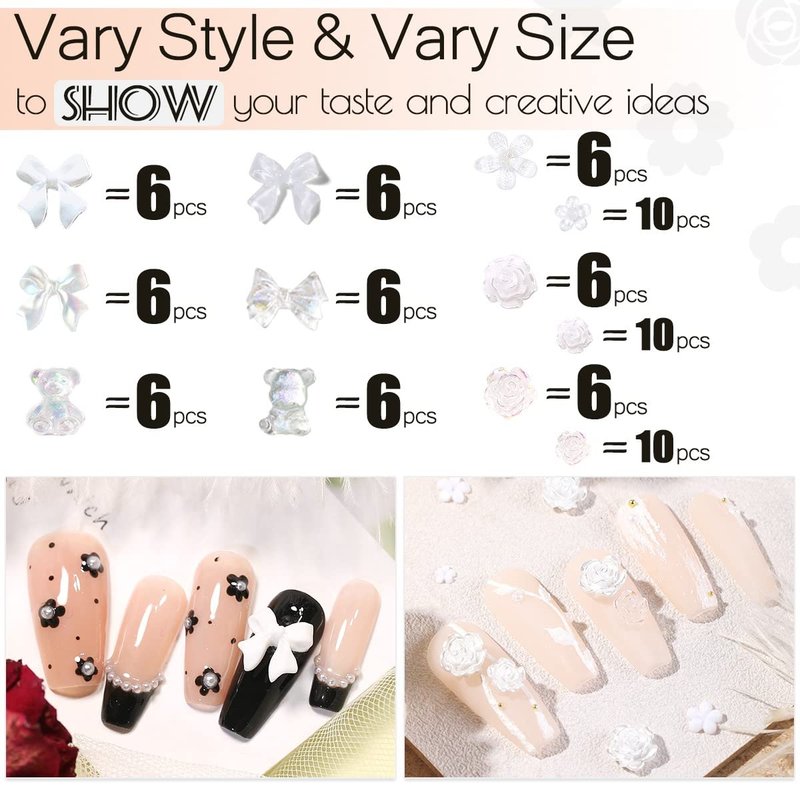 qiipii 2400pcs 3D Nail Art Kit Flower Nail Charms Resin Butterfly Bear Bow Charms White/Aurora Rose Golden Silver Metal Caviar Beads Half Pearls Rhinestones for Acrylic Nails Face Eyes Makeup Crafts