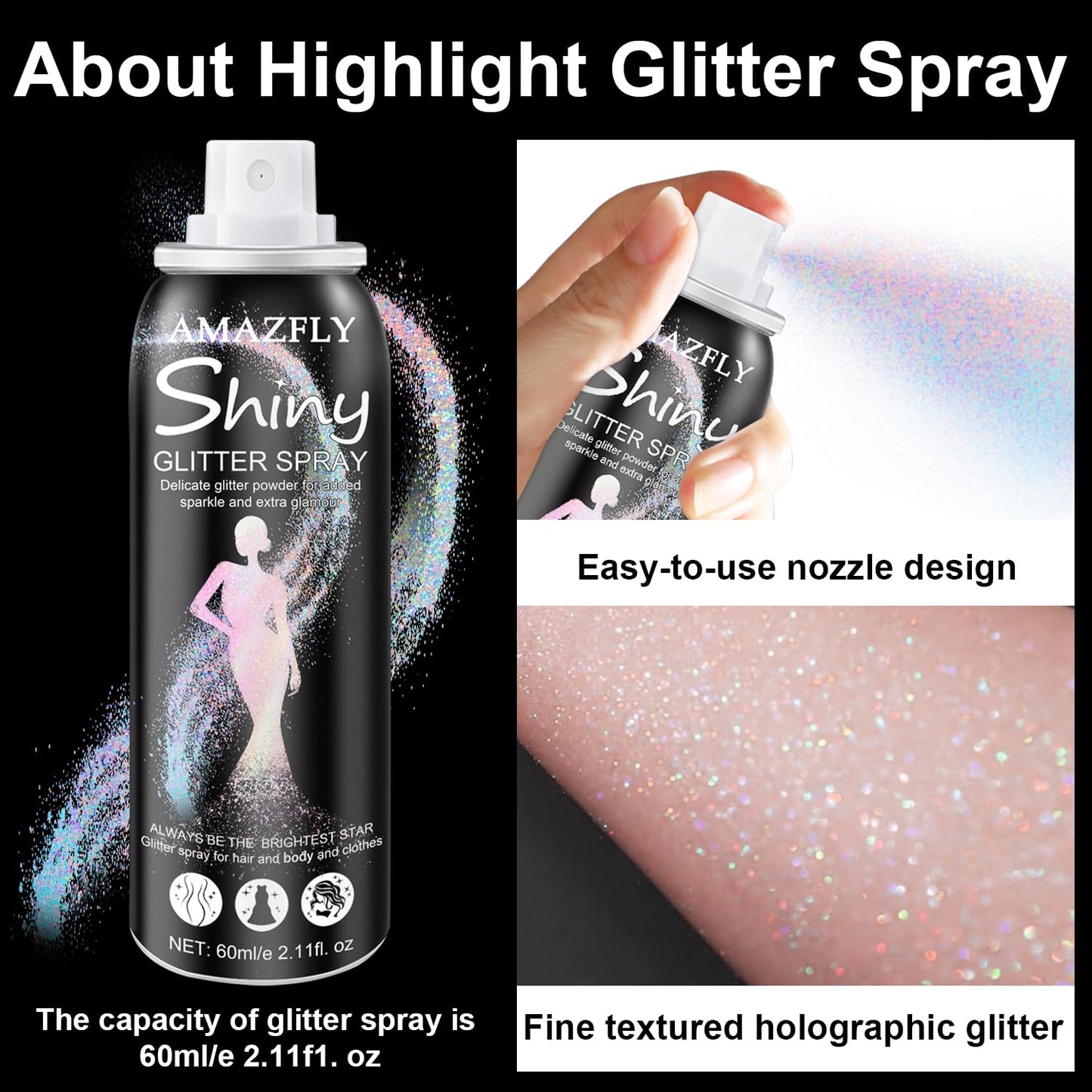 Hair and Body Glitter Spray, Aerosol Glitter Spray for Hair and Body, Long-Lasting and Quick-Drying Silver Glitter Hairspray Suitable for Stage, Festival Rave and Makeup Prom (Rainy-Rainbow)