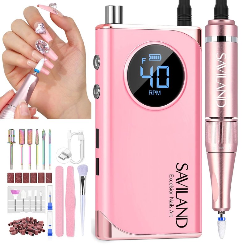 Professional Nail Drill - 40000RPM Rechargeable Electric Filer Kit | Pink, 6000mAh Battery for Acrylic Nails, Home Salon Use