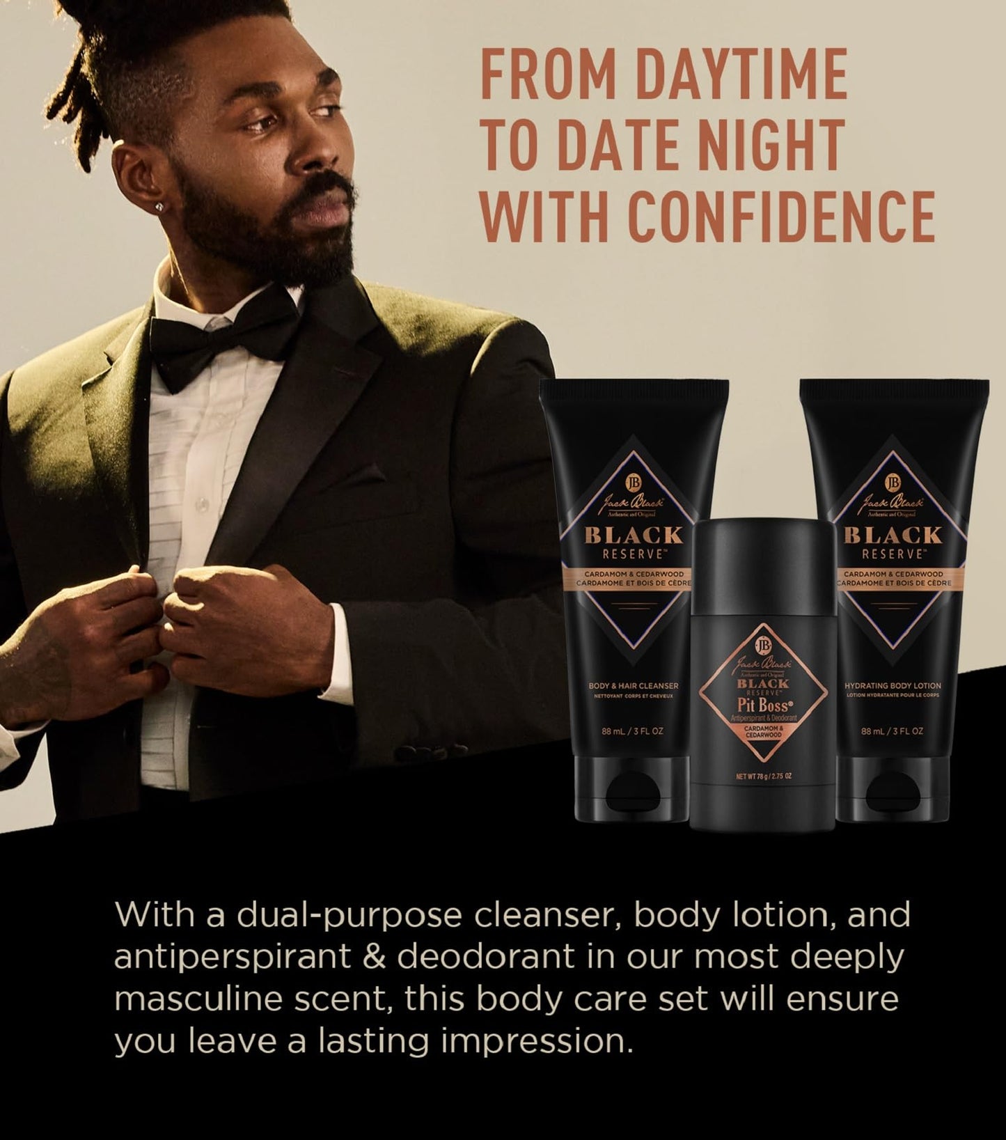 Jack Black Black Reserve Body Collection Set for Men – Multi-Purpose Mens Body Wash, Pit Boss Men's Deodorant, Body Lotion, Grooming Kit
