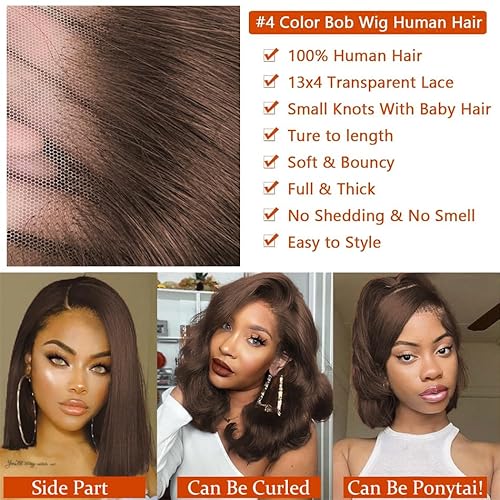 Chocolate Brown Bob Wig Human Hair Straight 13x4 HD Lace Front Wigs for Black Women Glueless Short Bob Lace Frontal Wig Human Hair Pre Plucked 150% Density #4 Color 16 Inch