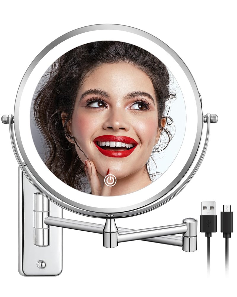 DECLUTTR Wall Mounted Makeup Mirror with Lights, Rechargeable 8 Inch Double Sided Magnifying Mirror 1X/10X, Dimmable Vanity Mirror with 3 Lighting Modes