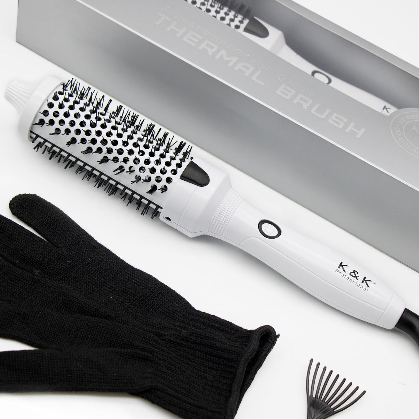 K&K Blowout Boost Thermal Brush, 1.5 inch Heated Round Brush for Blowout Look, Negative Ion Technology, Ceramic Tourmaline, Dual Voltage, White