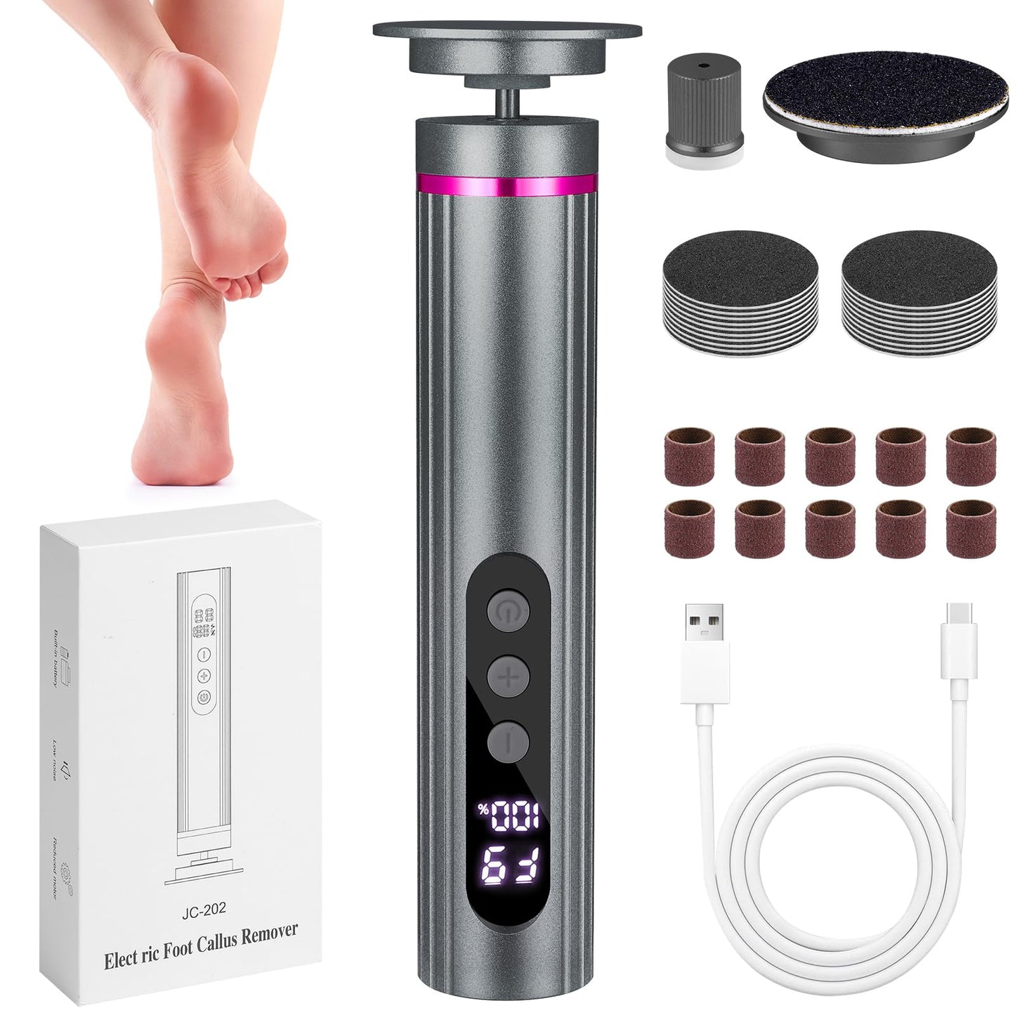 Electric Foot Callus Remover, 2 in 1 Callus Remover for Feet, 9 Adjustable Speeds with Sandpaper Disk and Nail Drill Bits, Digital Display, Rechargeable Pedicure Tools for Dead Skin(Gray)