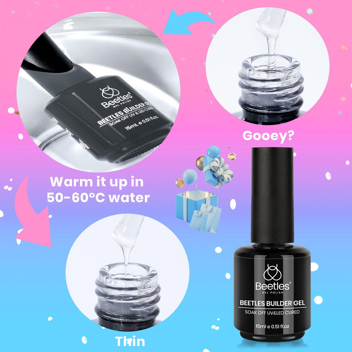 Beetles Builder Gel for Nails,2 Pcs 8 in 1 Clear Building Gel,for Strengthening Natural Nail Instant Apex & Extension for DIY Salon at Home,Friendly for Beginner,UV LED Lamp Cured,Gifts for Women