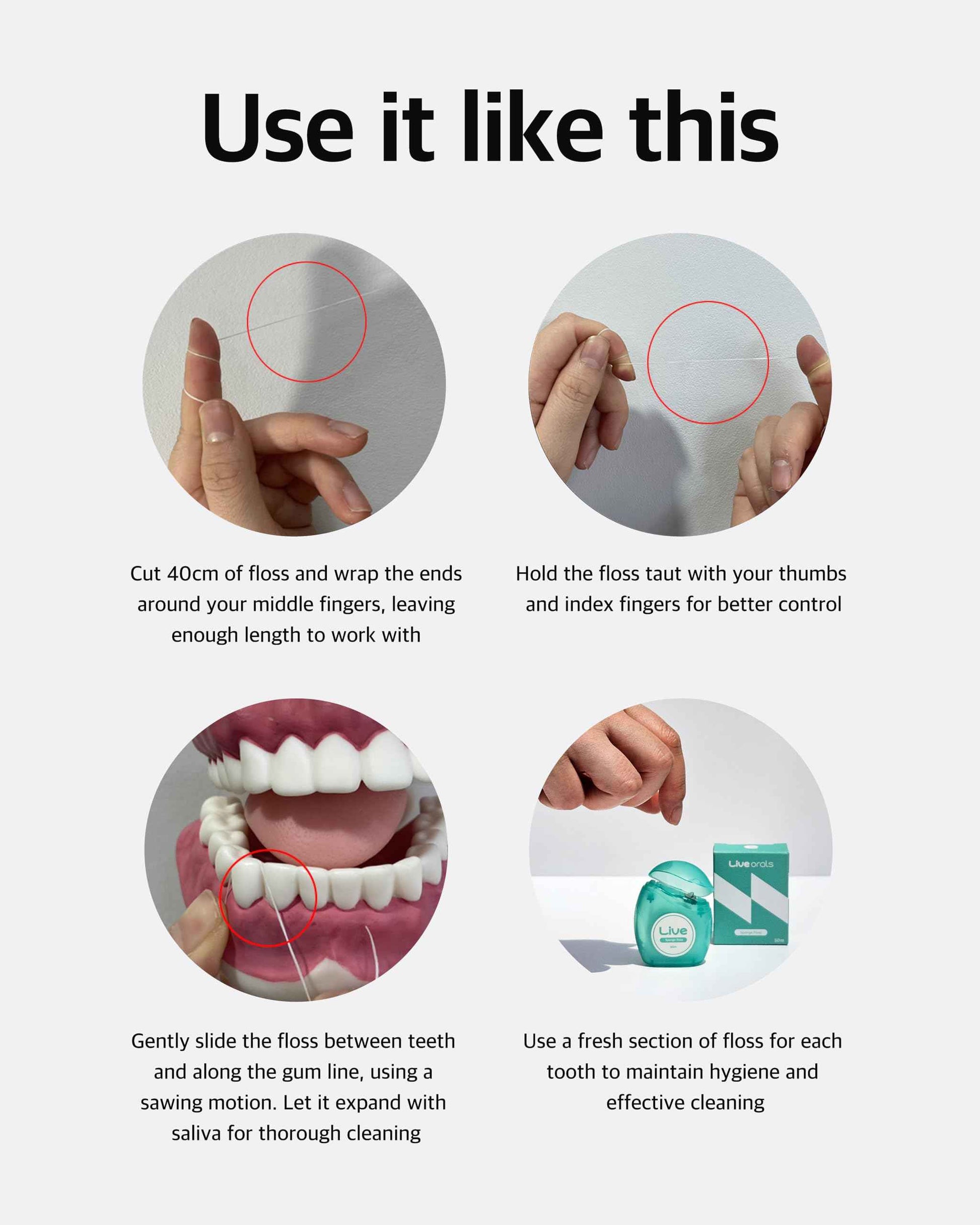 LiveOrals Live Sponge Dental Floss – 164ft (50m) Pack of 6, PFAS-Free, Non-Toxic Wax, Expanding 3D Mesh for Gentle & Effective Cleaning Between Teeth