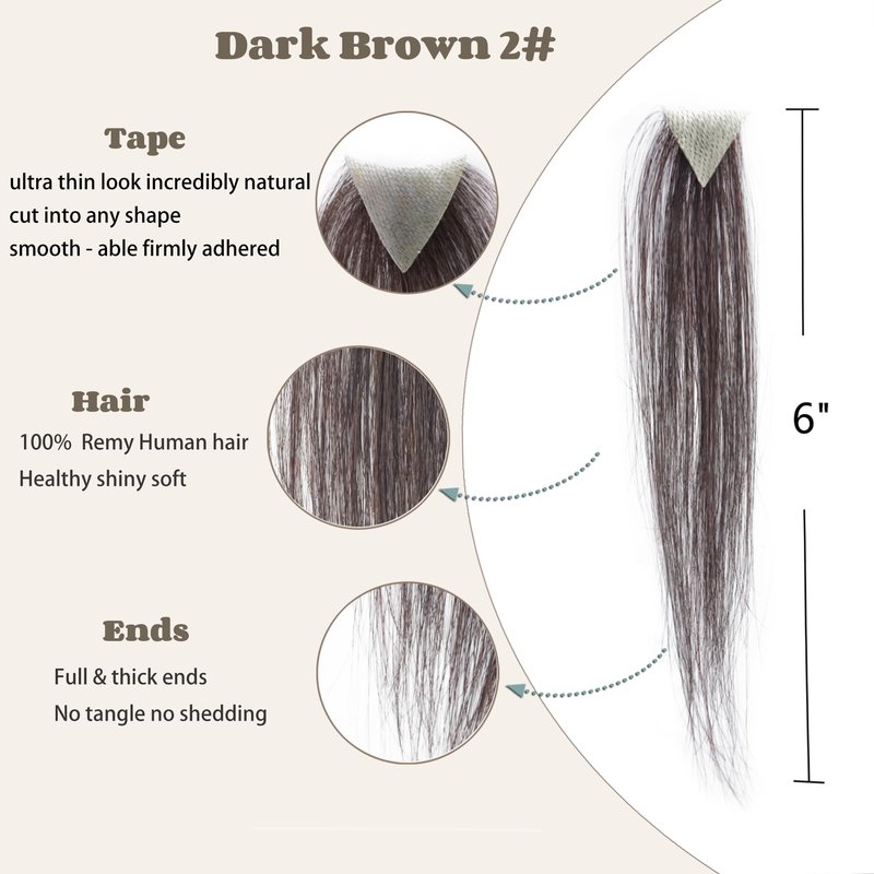 viviaBella human hair hairloss on temples bald spot toupee scar human hair replacement hairline straight Tape-on Triangle hair patch for men and women（2Pcs） (Dark Brown, about 1"*1"*1")