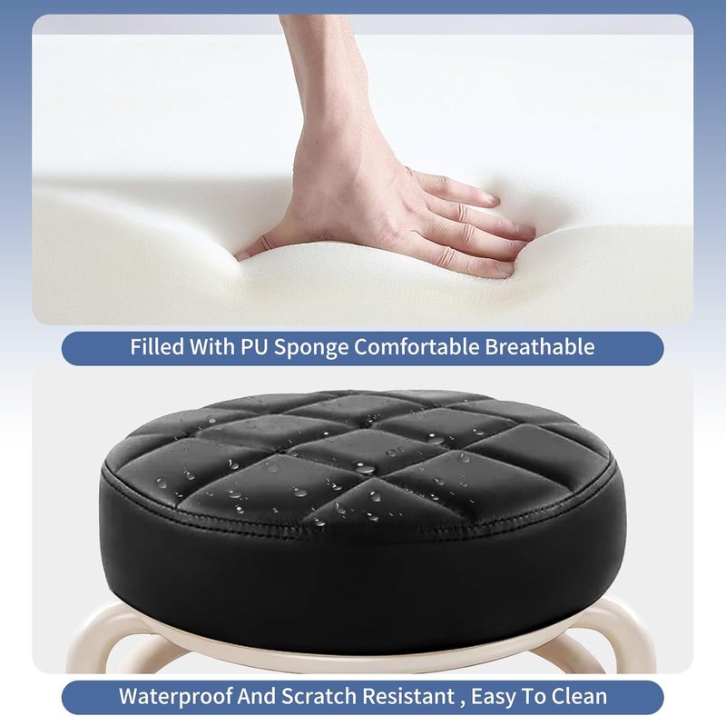 Round Rolling Low Stool - Comfortable PU Leather Swivel Stool with Thick Sponge Cushion | Black Upgrade Edition
