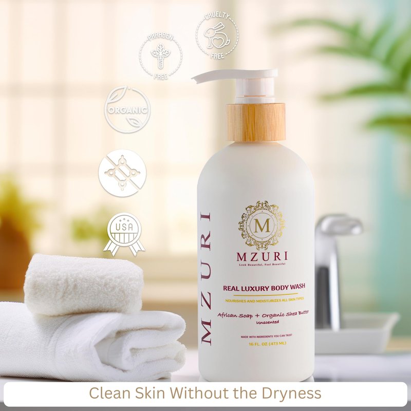 MZURI Body Wash, African Black Soap, Organic Coconut Oil, & Wild Coronado Cherry, Moisturizing, Hydrating, & Gentle Formula for Dry, Sensitive Skin, Shea Butter Luxury Body Wash - 16 Fl. Oz