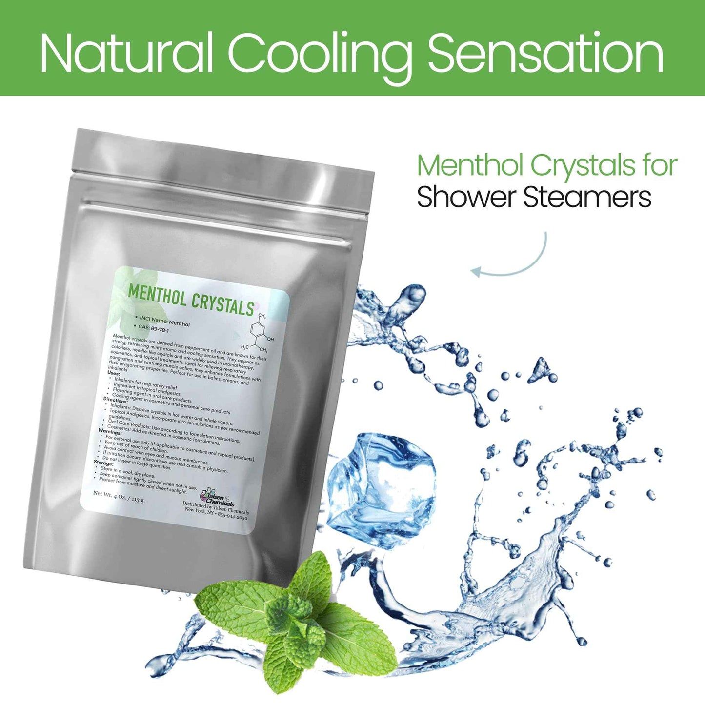 Menthol Crystal Cosmetic Grade - 8 Oz / 226 Grams - Menthol Crystals Organic 100% Pure Peppermint Extract for DIY Cosmetics - Menthol Crystals for Shower Steamers,Creams & Soaps by Talsen Chemicals