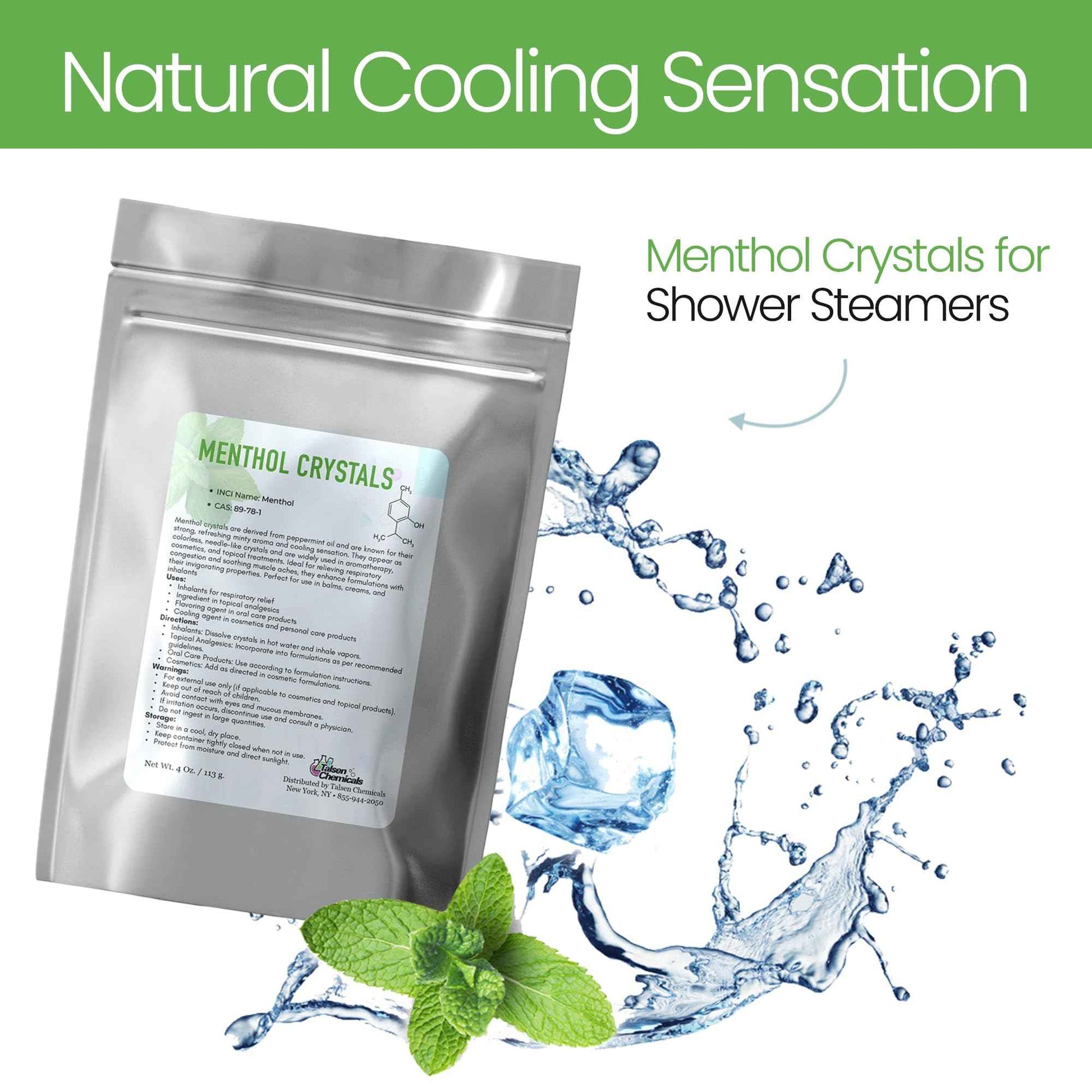 Menthol Crystal Cosmetic Grade - 8 Oz / 226 Grams - Menthol Crystals Organic 100% Pure Peppermint Extract for DIY Cosmetics - Menthol Crystals for Shower Steamers,Creams & Soaps by Talsen Chemicals