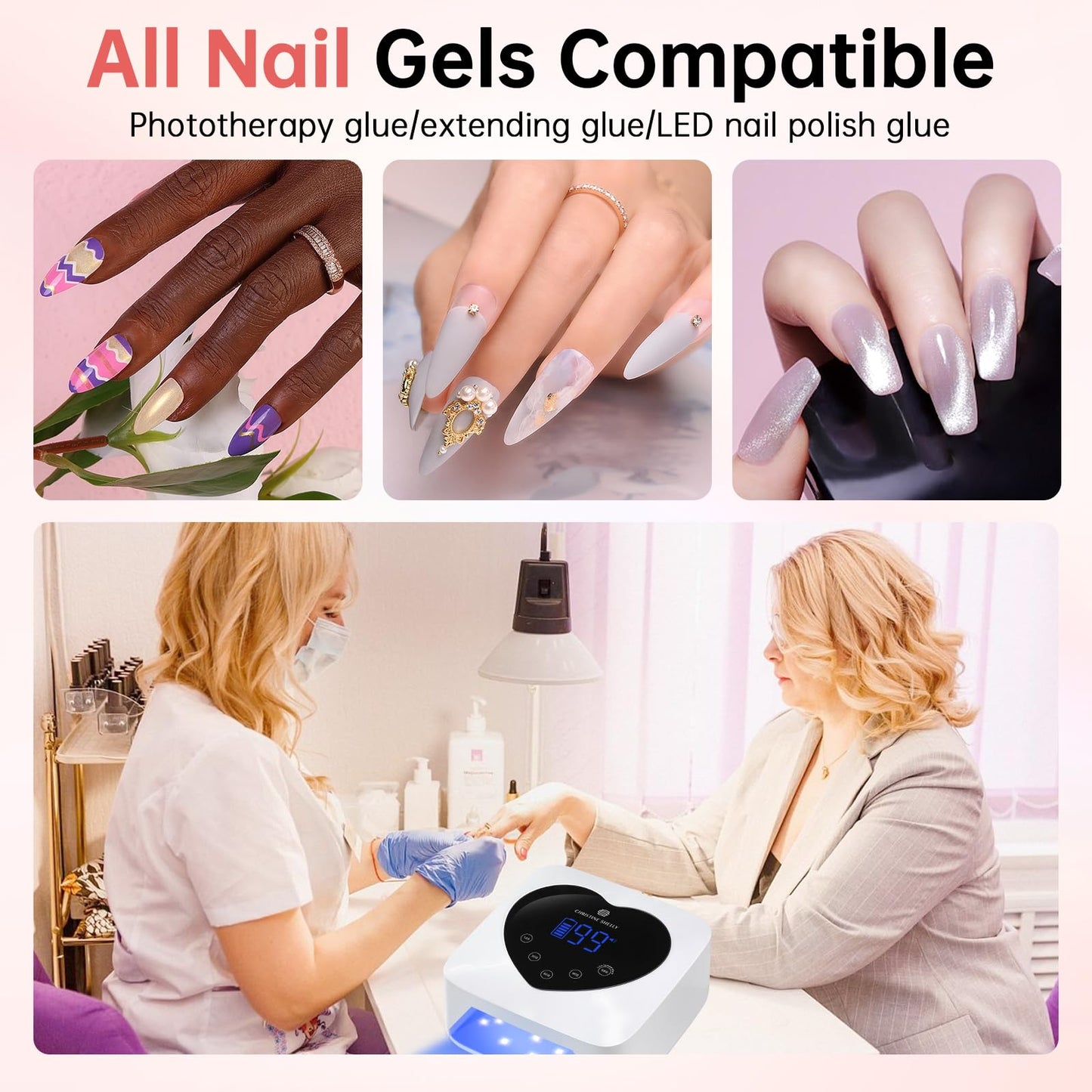 CHRISTINE SHELLY UV Light for Gel Nails, 72W Rechargeable Wireless Nail Lamp Gel Polish Light with 5 Timer Setting Professional Quick Dry Curing Lamp with Display Auto Sensor for Salon & Home, White