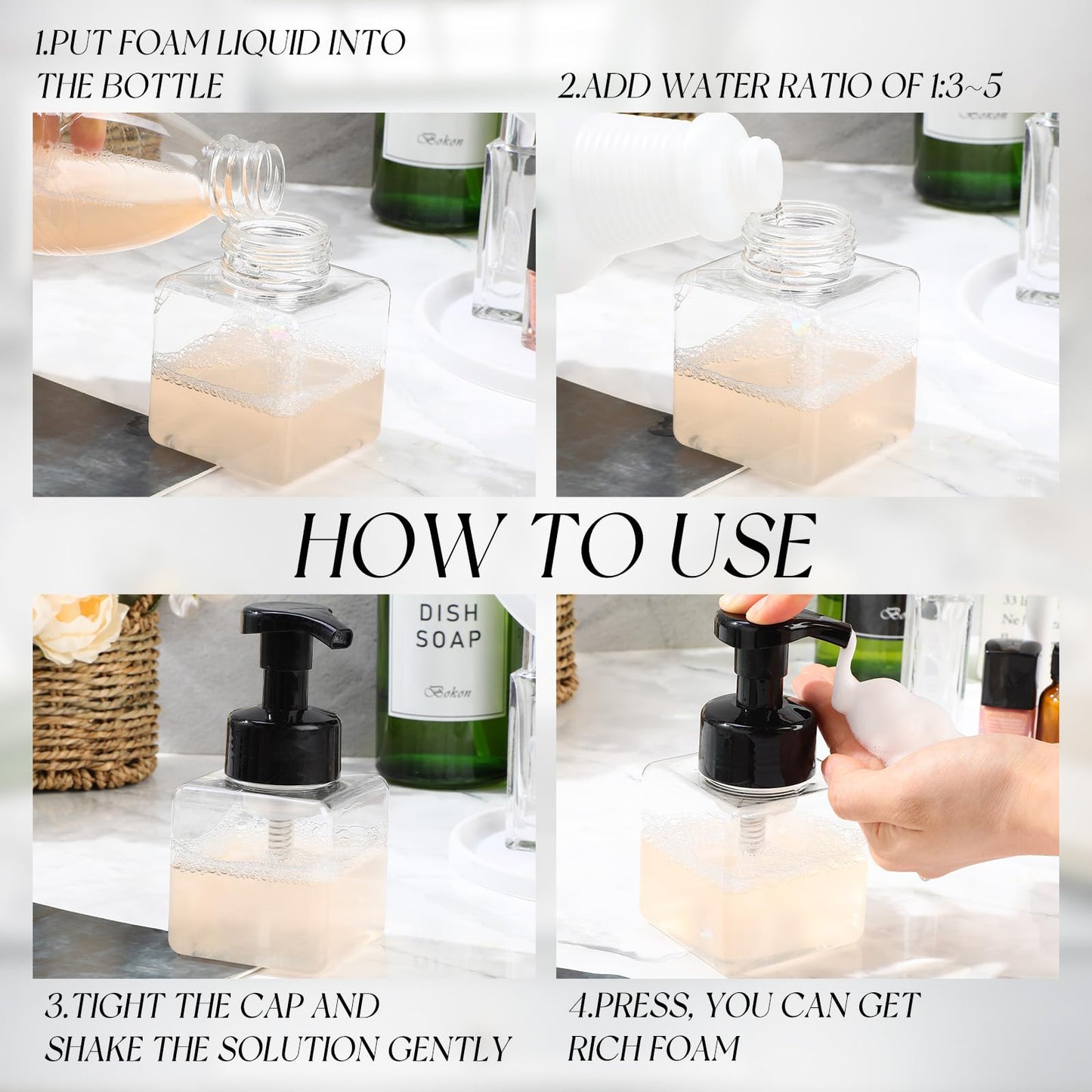 Domensi 24 Pcs Black Foaming Soap Dispenser 8.5 oz Foam Pump Bottle Empty Travel Foaming Dispenser Refillable Hand Soap Plastic Pump Bottle Travel Clear Container for Bathroom Vanities