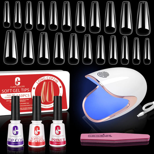 Clara Colors Nail Tips and Glue Gel Kit,550pcs Full Cover Fake Nails and Nail Glue Kit with LED Nail Lamp,Long Coffin Artificial False Nails Soft Gel Nail Kit for Acrylic Nail-9 Size