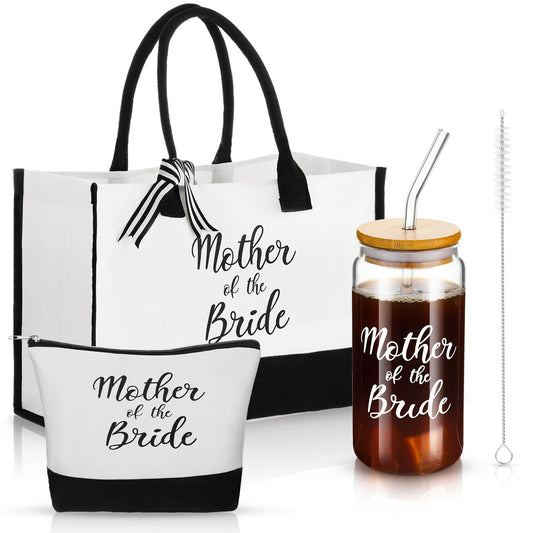 Zubebe 3 Pcs Mother of the Bride Groom Gifts Cup for Wedding Bridal Shower Include Glass Tumbler Canvas Tote Bag Makeup Bag(Mother of the Bride)