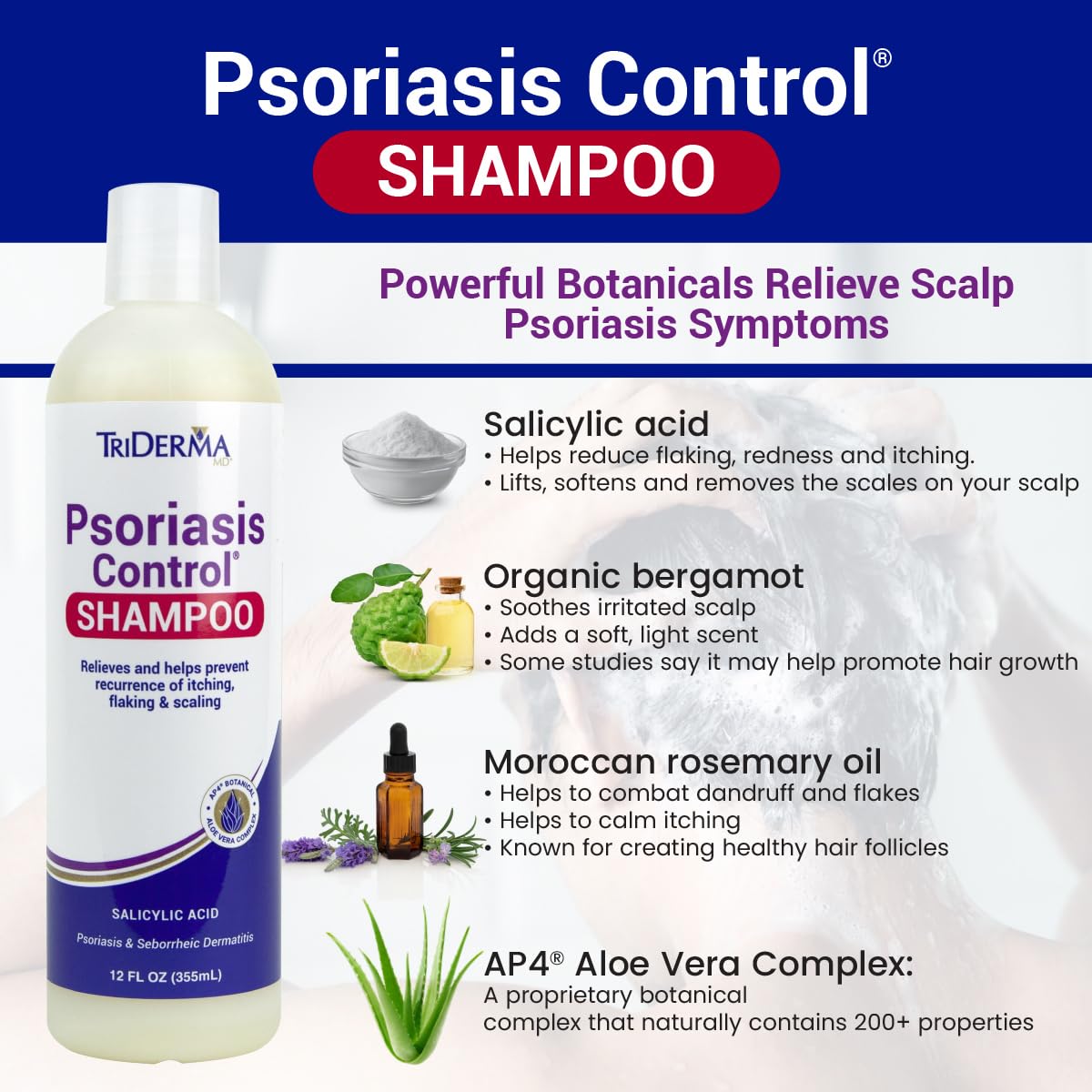 TriDerma Psoriasis Control Scalp Exfoliator Shampoo with 3% Salicylic Acid and Rosemary, Salon Quality Shampoo for Psoriasis, Seborrheic Dermatitis, No Coal Tar, Fresh Scent 12 oz