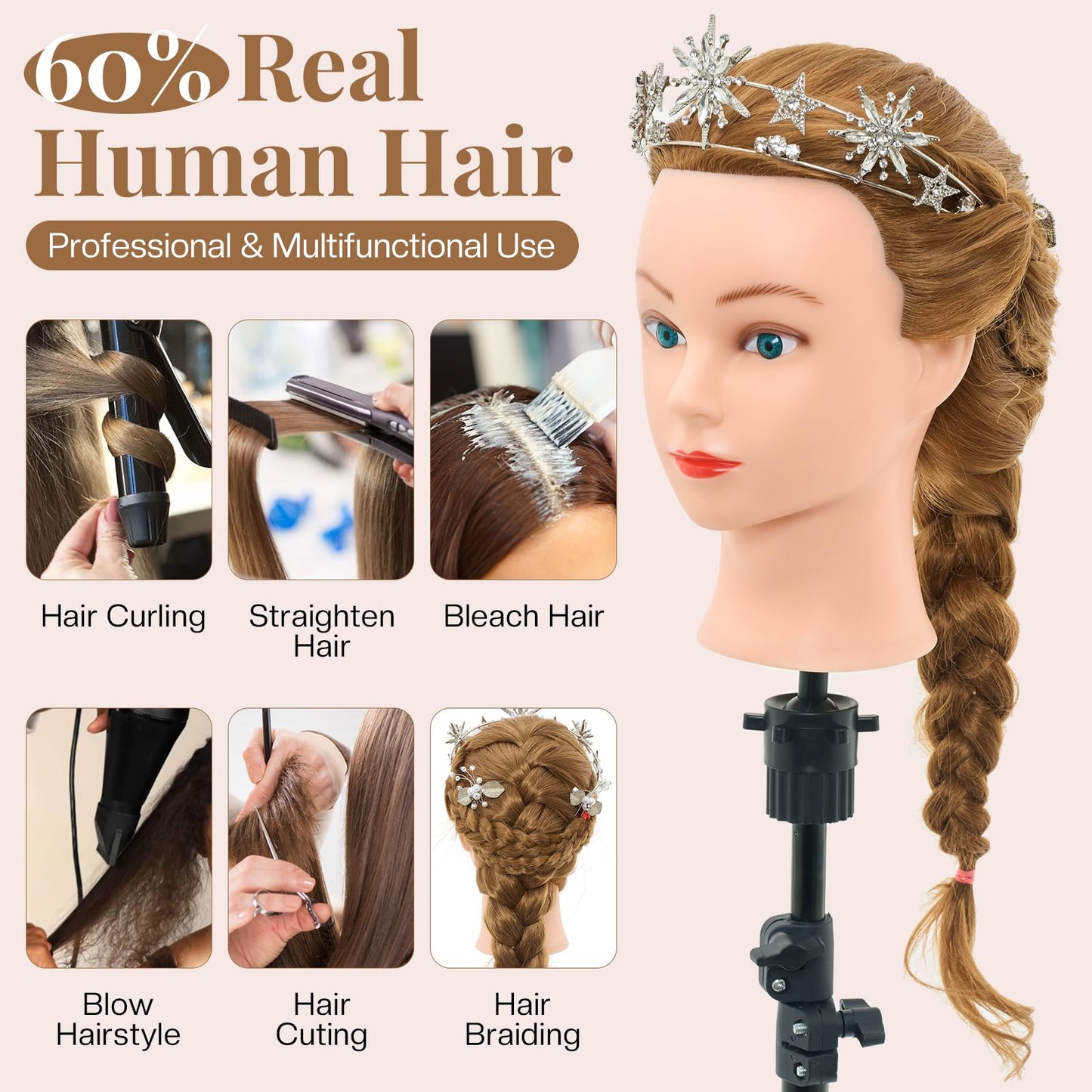 24" Mannequin Head -80% Real Hair Doll head for hair Styling, Cosmetology Mannequin Head with Hair for Braiding Curling,Cuting with Table Clamp Styling Set (Blonde)