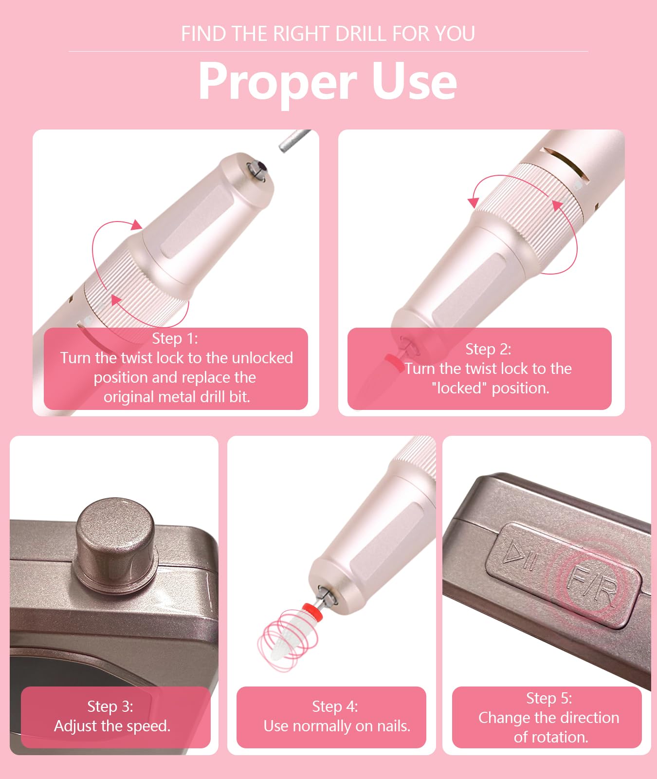 Professional Nail Drill High Torque 35000 RPM Rechargeable Portable Electric Nail File Filer for Acrylic Gel with Cuticle Bits, Salon Manicure Tool, Rose Gold