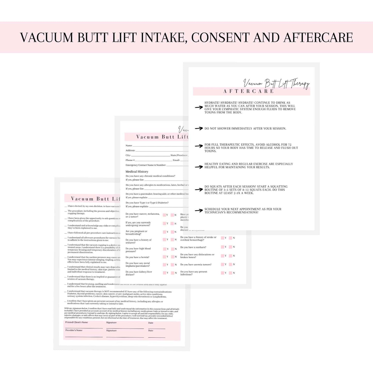 Vacuum Butt Lift Therapy Intake, Consent, and Aftercare Form | 75 Pack | 8.5x11" inch Paper Size Form | Eyelash Extension Supplies | Client Signature | Butt Lift Cupping | White and Pink Design