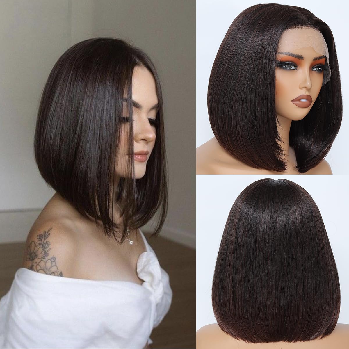 JANATOUCH Brown Straight Bob Wig for Women, Shoulder Length Lace Front Wig with Natural Middle Part Soft Silky Synthetic Wig Realistic Short Wig