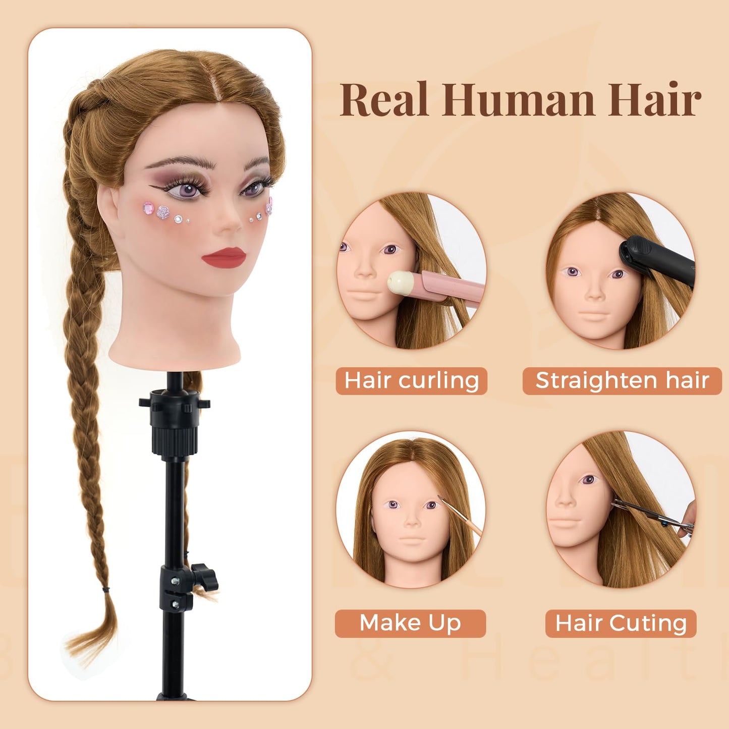 Mannequin Head with 80% Real Human hair- 28" Hair Mannequin Heads for Make up, Braiding Hairdressing Doll Head for Styling with Table Clamp + DIY Hair Styling Set