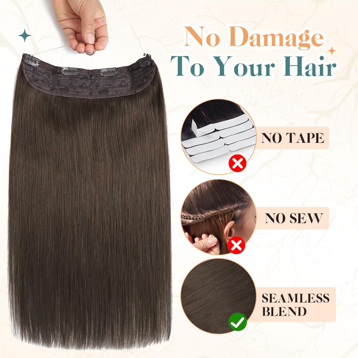 Sindra Wire Hair Extensions Real Human Hair, 4 Medium Brown Invisible Wire Hair Extensions, 14inch 70g Transparent Seamless Fish Line Hairpiece for Women