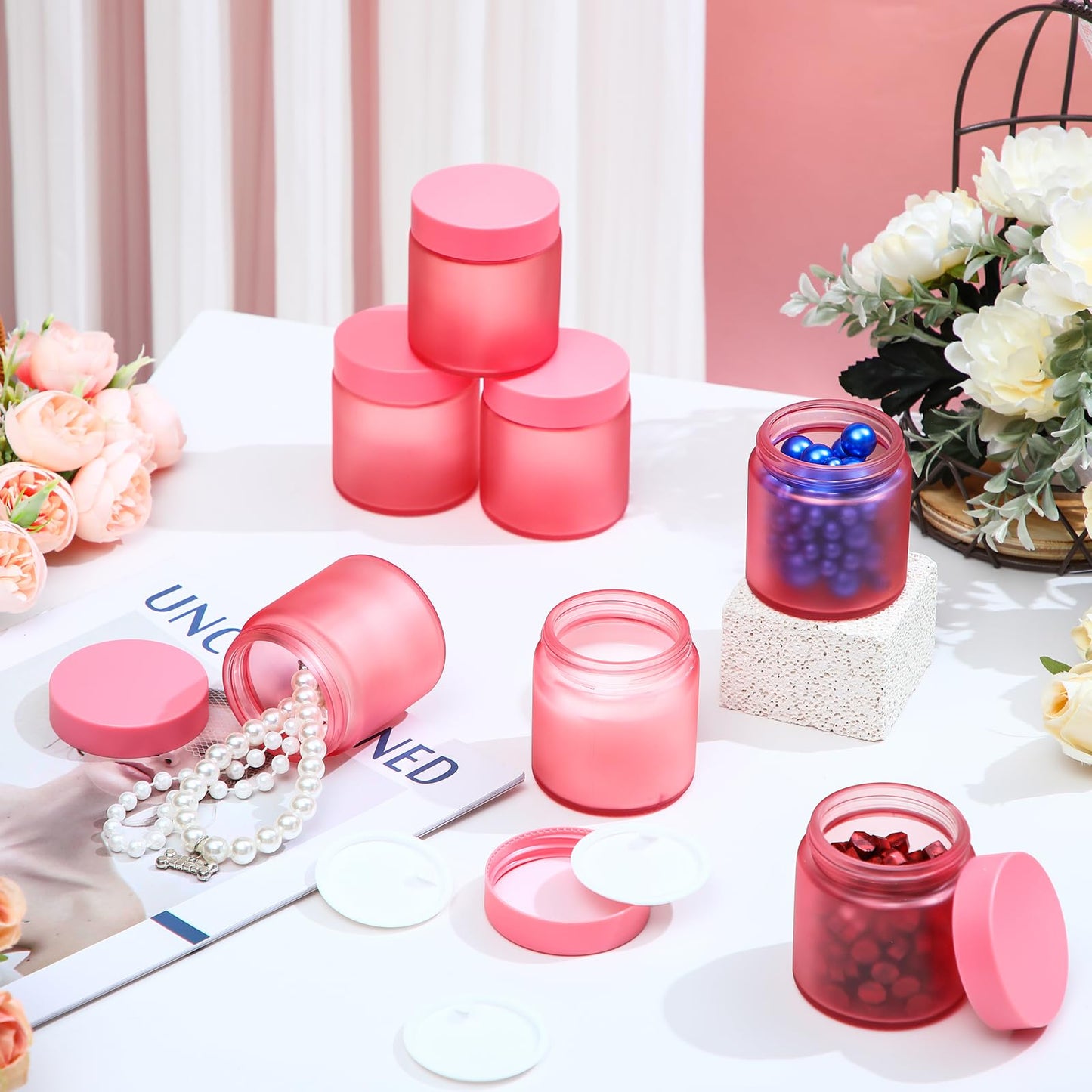 Norme 24 Pcs 4 oz Glass Jars with Lids Leakproof Round Airtight Empty Cosmetic Jars with Inner Liners Lid for Storing Lotions Powder Ointments Making Tins(Pink)