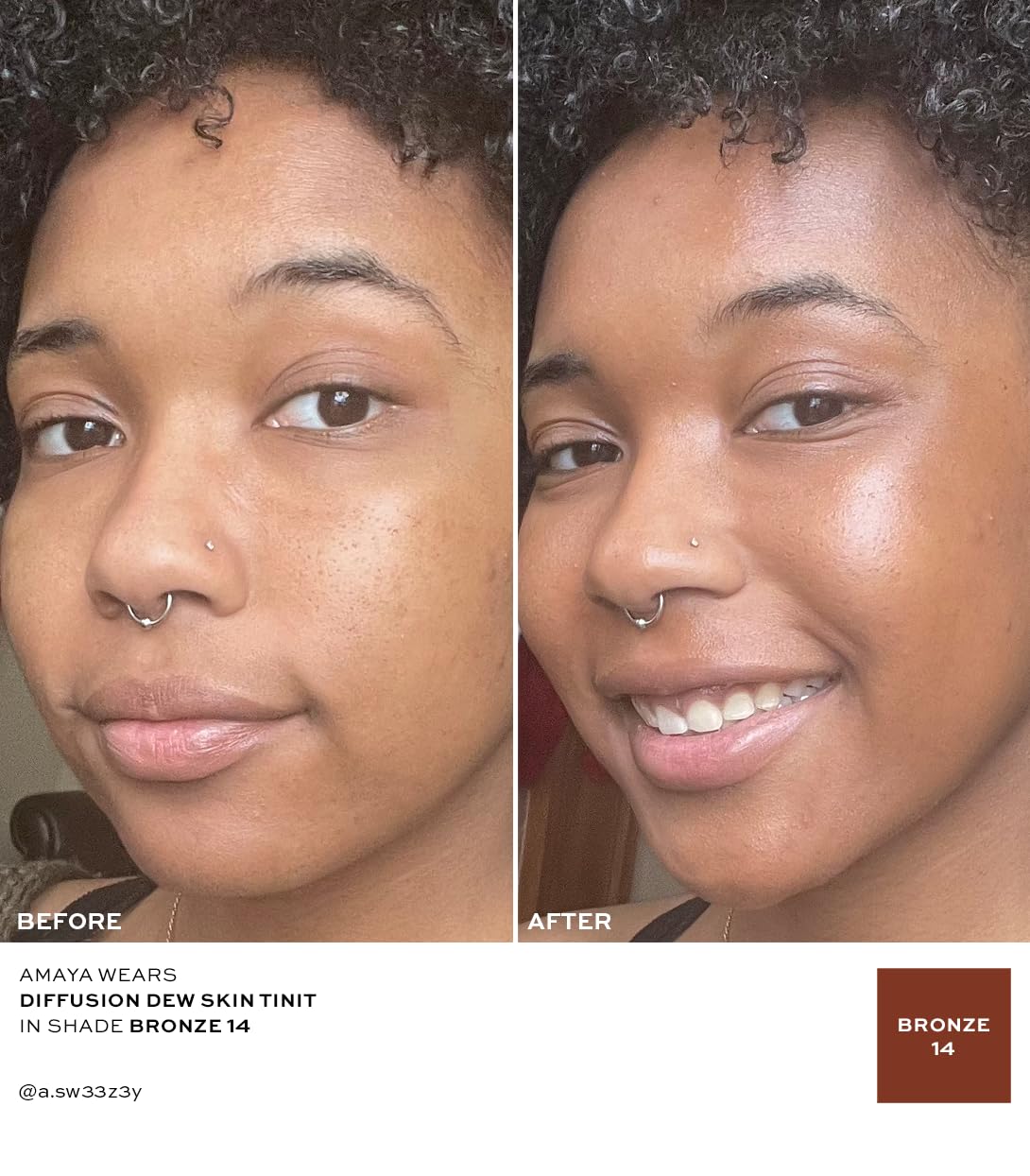 MAKE Beauty Skin Tint – Sheer to Medium Coverage with a Natural Radiant Finish. Lightweight, Smoothing Formula with Niacinamide and Adenosine. Diffusion Dew – 14 Bronze