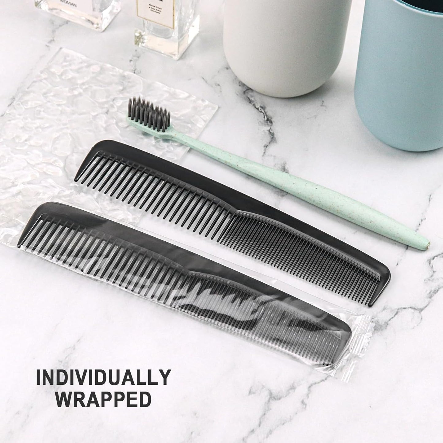 Double Tooth Hair Pocket Combs - 200 Individually Wrapped Black Combs for Charity & Care Packs