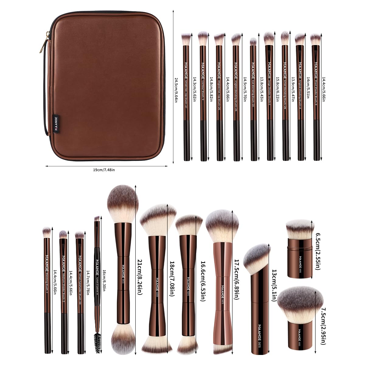 MAANGE 20 PCS Makeup Brush Set with Bag, Double-ended Kabuki Brush Foundation Contour Brush for Liquid Powder Concealer Eye Shadows Cream Cosmetics Blending Blush Face Makeup Tools with Case (Coffee)