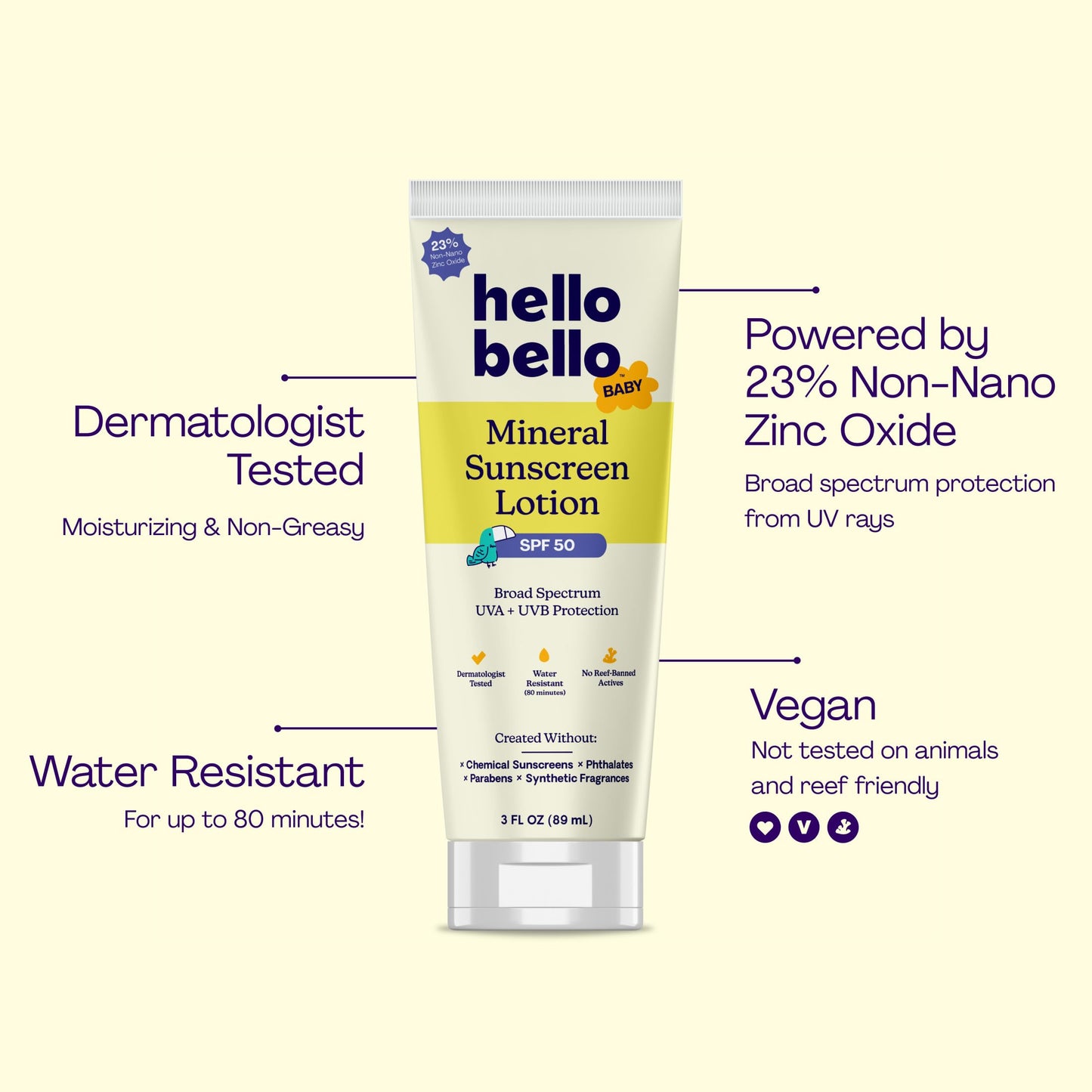 Hello Bello Baby Mineral SPF 50 Sunscreen Lotion with Broad Spectrum UVA + UVB Protection, Water Resistant and Reef Friendly Sun Protection for Babies and Kids, 3 fl oz (Pack of 1)
