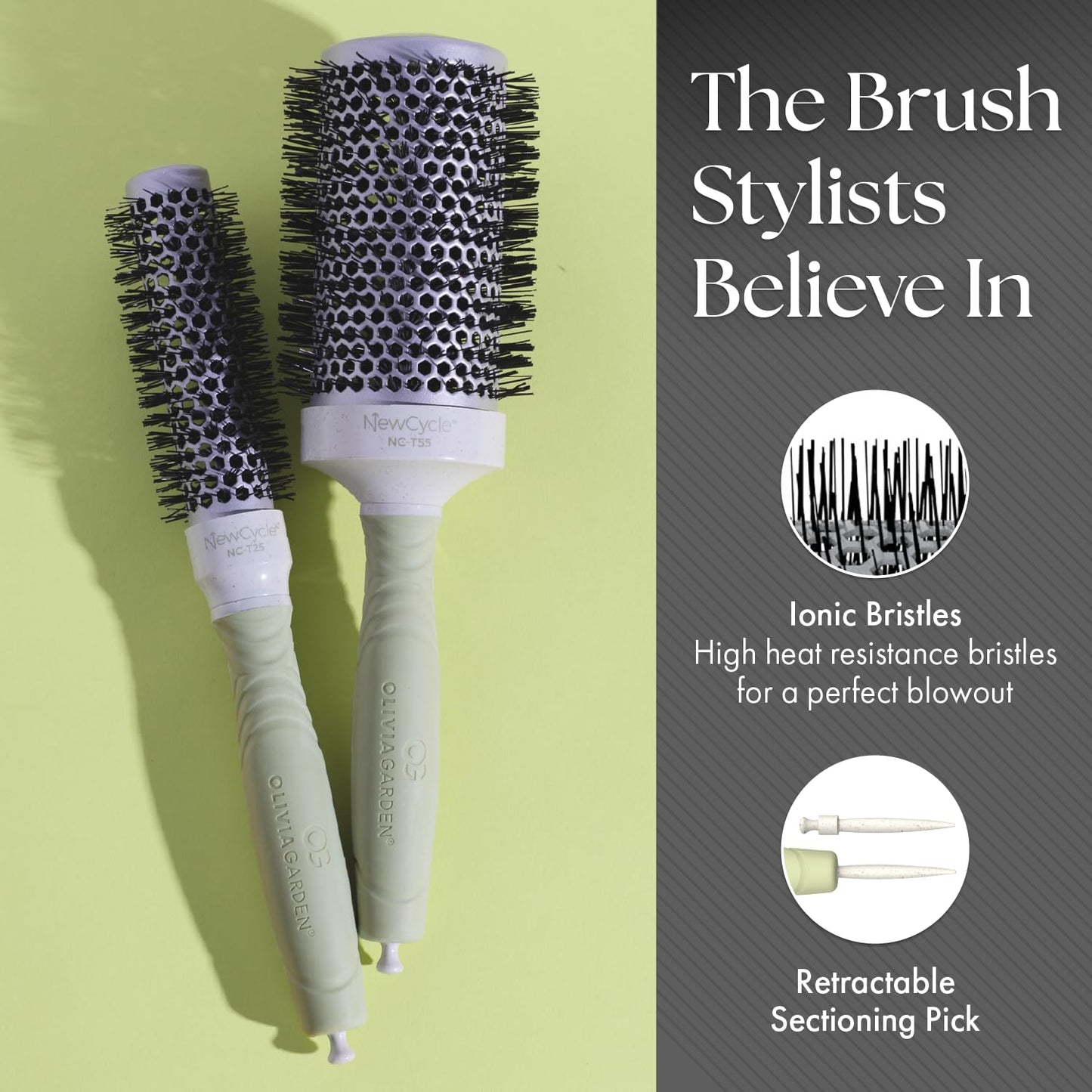 Olivia Garden NewCycle Round Thermal Hair Brush (not electrical) with ceramic barrel, ionic technology and made from 100% recycled material (except bristles)