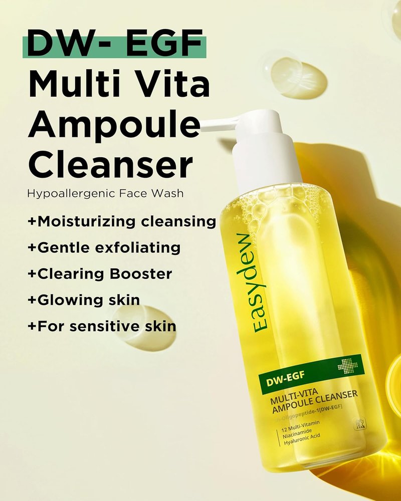 EASYDEW Multi Vita Ampoule Cleanser - Hypoallergenic Face Wash with EGF Peptide & Vitamins | 6.76 fl. oz.