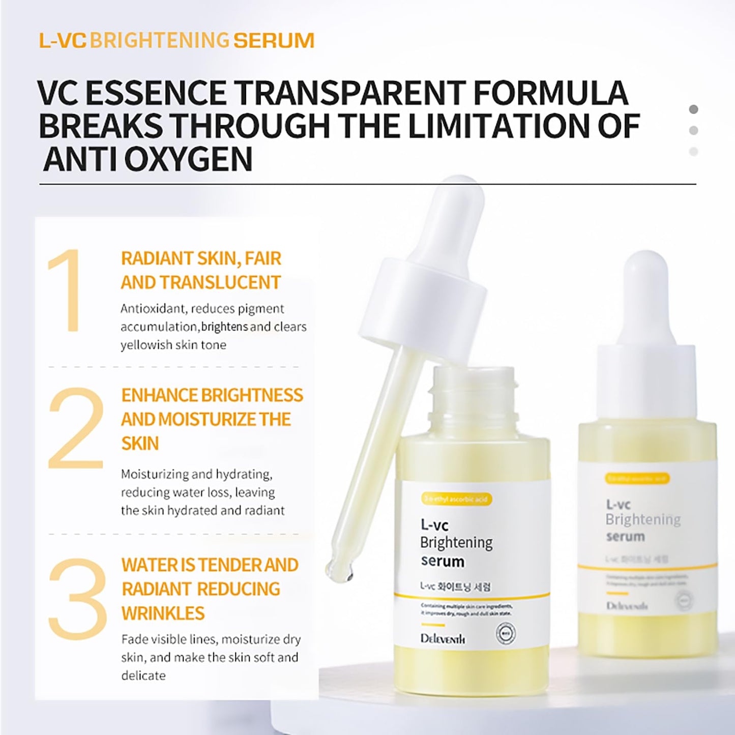 DEleventh Korean Brand Vitamin C Brightening Face Serum 37ml / with 3-O-Ethyl Ascorbic Acid, Niacinamide and α-Arbutin, Reduce Dark Spots and Fine Lines, Enhance Elasticity, Hydrate, and Protect Skin