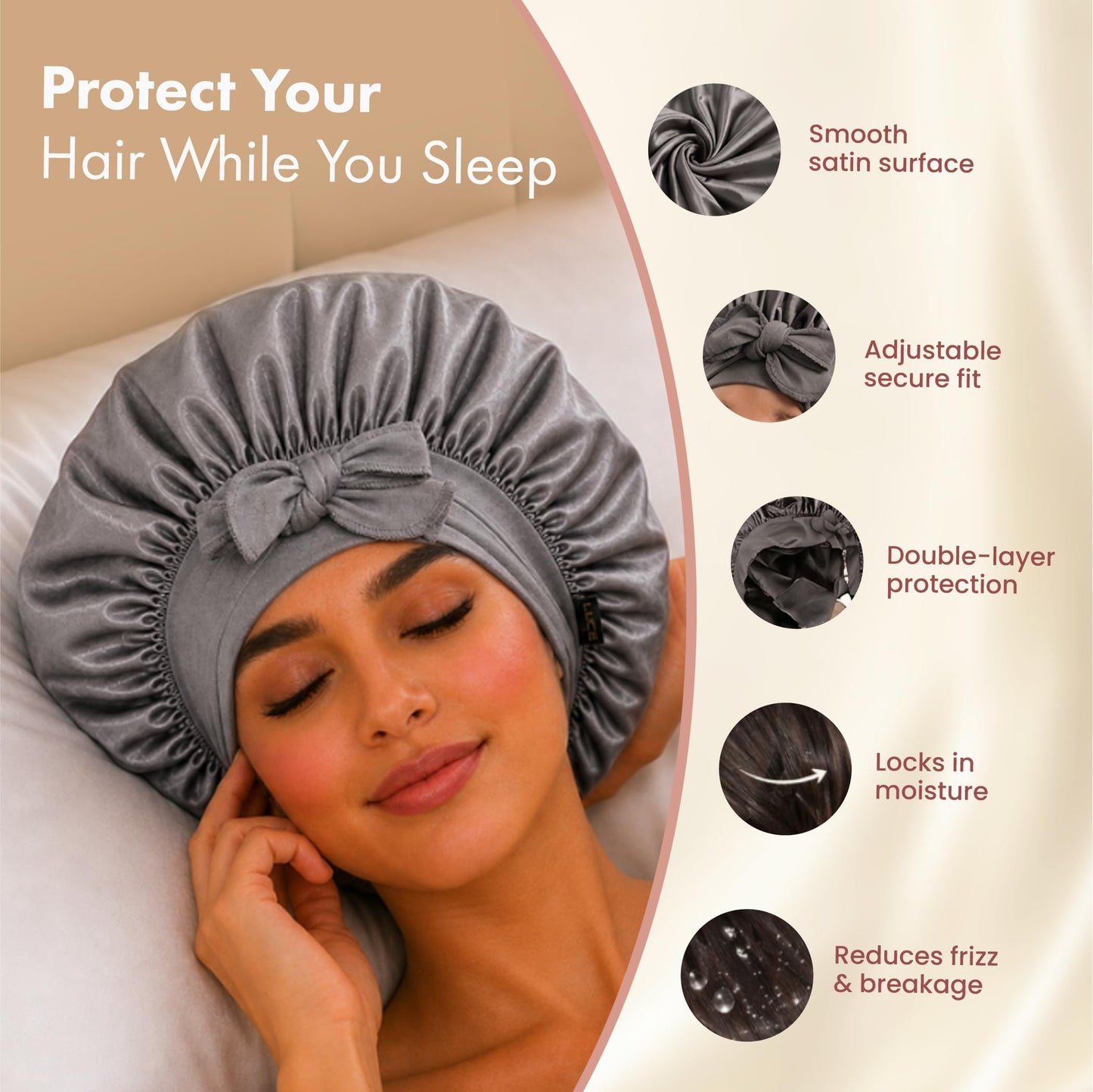 LUCE Satin Silk Bonnet for Sleeping - XL Double-Layer 600 Thread Satin Hair Bonnets for Women, Hair Cap for Sleep with Adjustable Tie for Frizz Control and Overnight Hair Protection