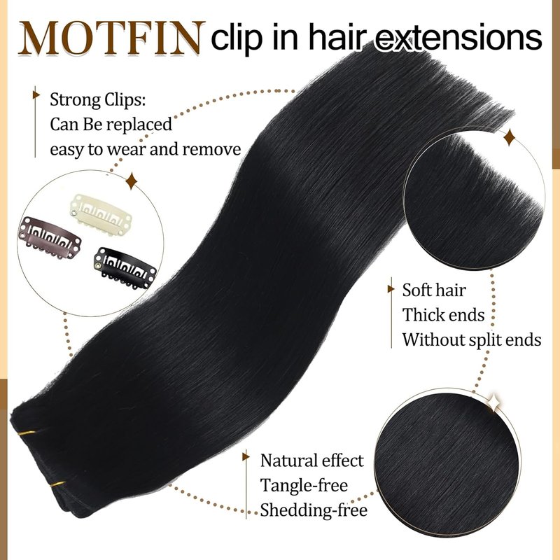 Real Human Hair Clip-In Extensions - 16 Inch Balayage Seamless Remy Hair | 90g Jet Black 8Pcs Double Weft