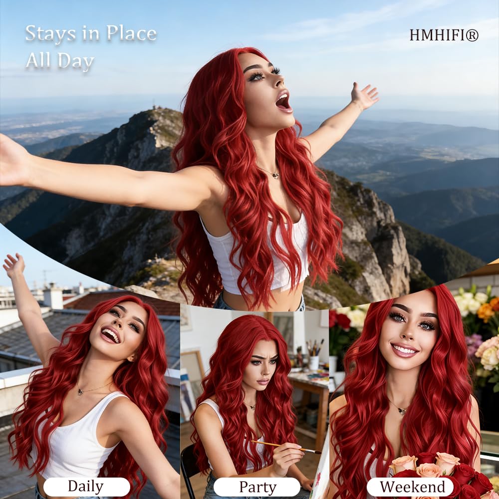 HMHIFI Long Red Wig for Women 26Inch Wavy Curly Wigs Synthetic Heat Resistant Hair Replacement Wig for Daily Party Halloween Costume