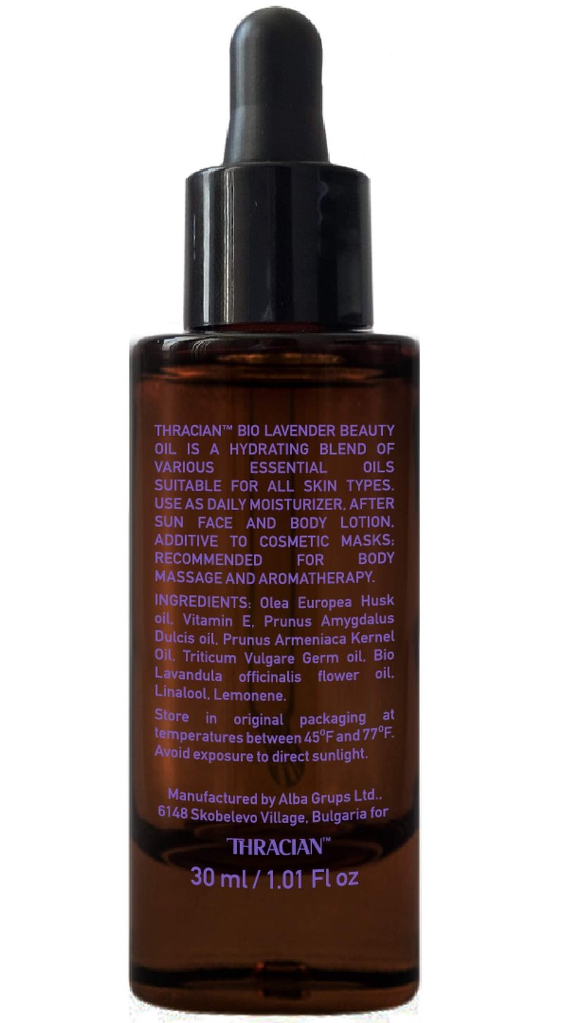 Thracian Bulgarian Beauty Lavender Oil with Bio Premium Certified Bulgarian Lavender, Anti-aging, Moisturizing Oil for Face, Body and Hair in 1.01 fl oz Glass with Dropper
