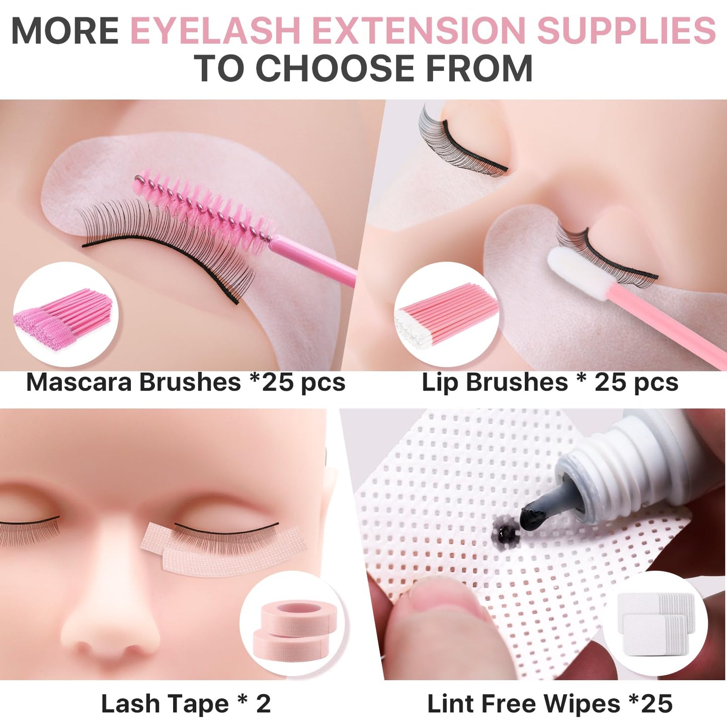 Vznffur Lash Extension kit for Beginners, Eyelash Extension Kit with Mannequin Head, Lash Starter Kit with Everything Eyelash Glue USB Fan Cosmetology Esthetician Supplies for Practice Training